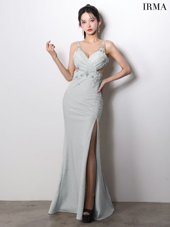 IRMA イルマ ラメニット/ウエストクロスビジュー/刺繍/カットアウト/スリット入り/タイト ロングドレス ir61027-c