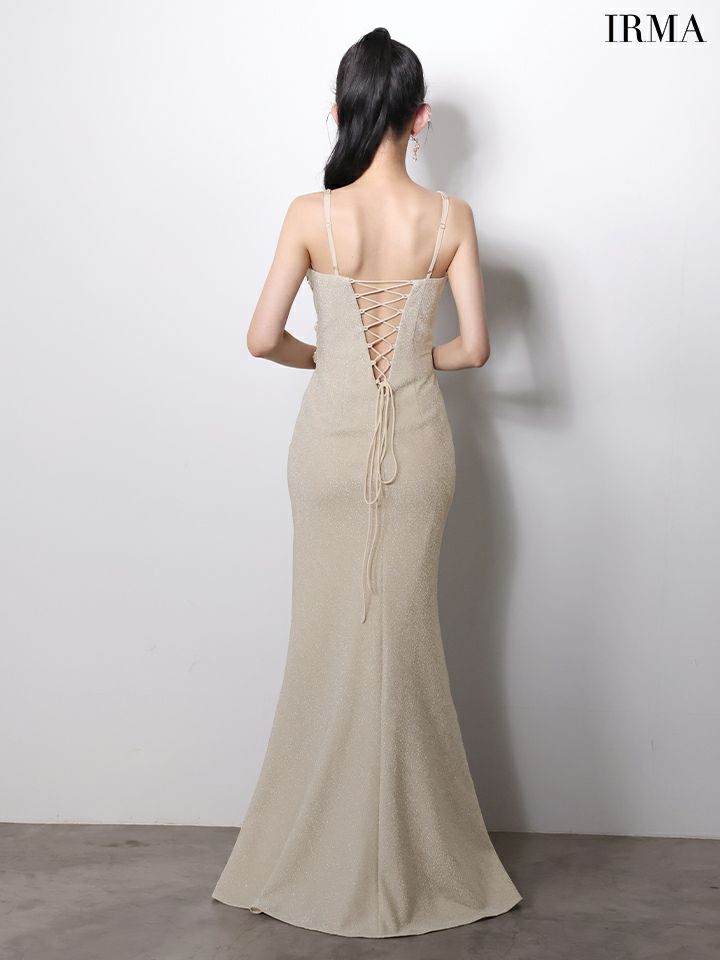IRMA イルマ ラメニット/ウエストクロスビジュー/刺繍/カットアウト/スリット入り/タイト ロングドレス ir61027-c