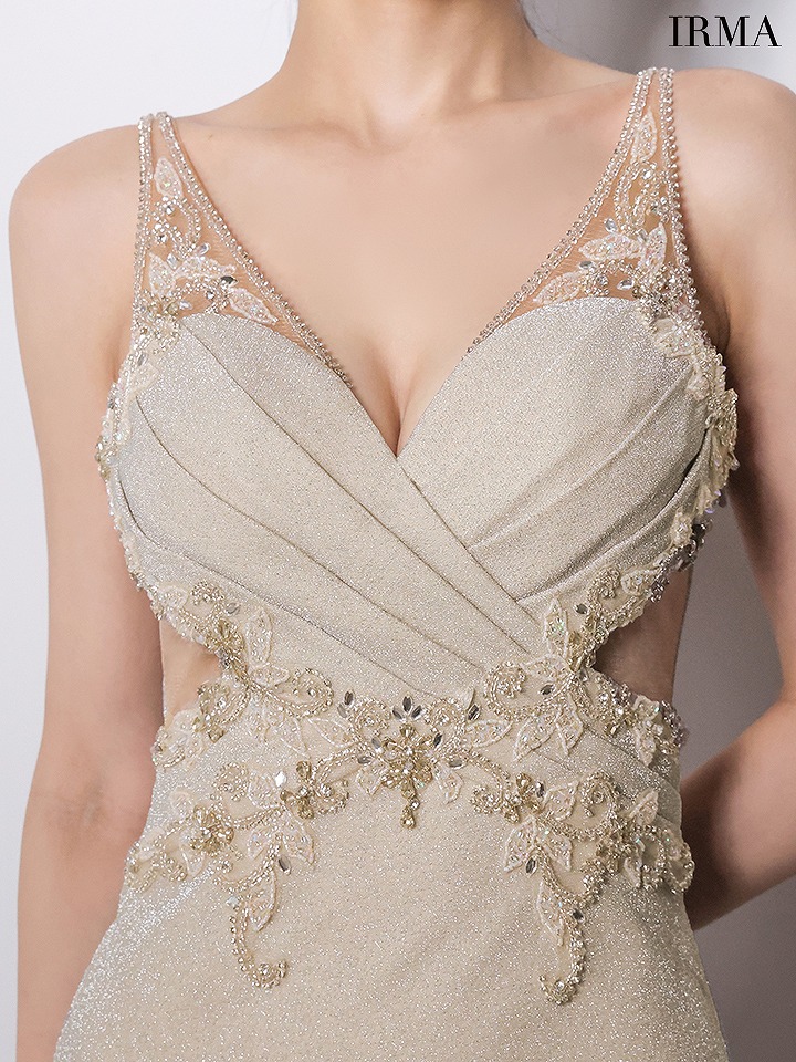 IRMA イルマ ラメニット/ウエストクロスビジュー/刺繍/カットアウト/スリット入り/タイト ロングドレス ir61027-c