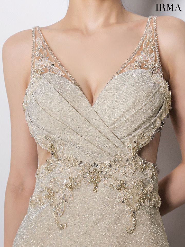 IRMA イルマ ラメニット/ウエストクロスビジュー/刺繍/カットアウト/スリット入り/タイト ロングドレス ir61027-c