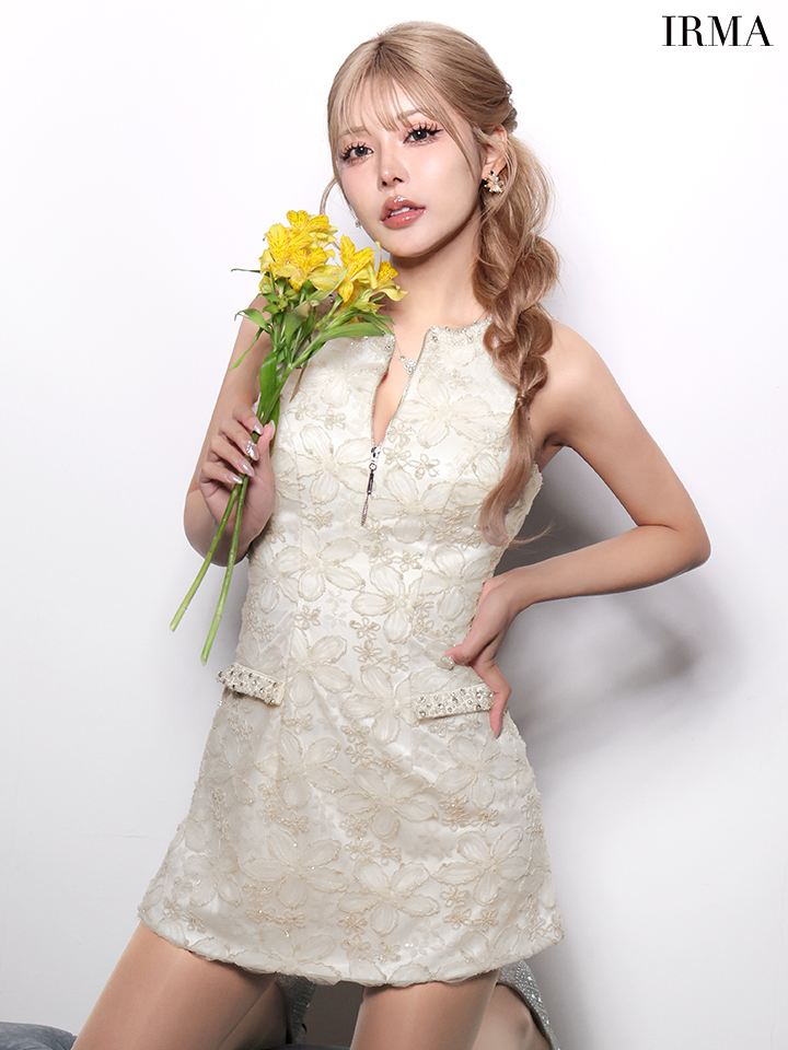 IRMA イルマ パステルフラワー/スパンコール/3Dレース/ビジュー/フロントジップ/タイト ミニドレス  ir61039