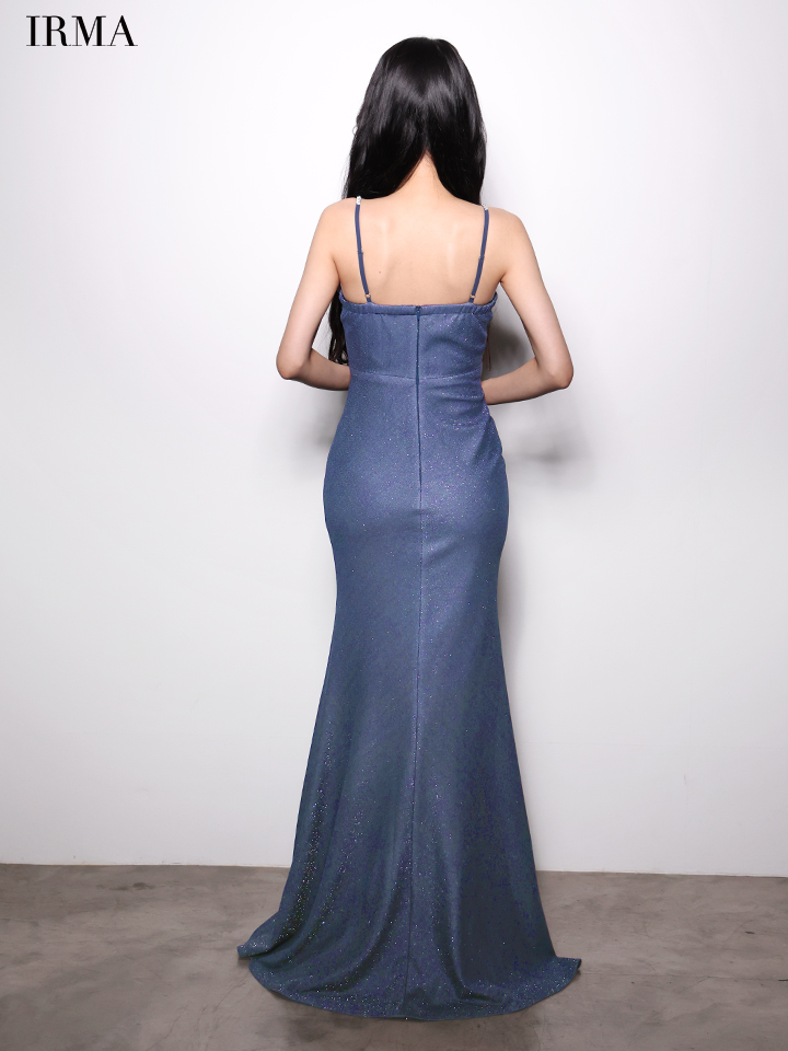 IRMA イルマ バストラインビジュー/シルバーグリッター/ラメニット/カットアウト/スリット入り/タイト ロングドレス ir61058