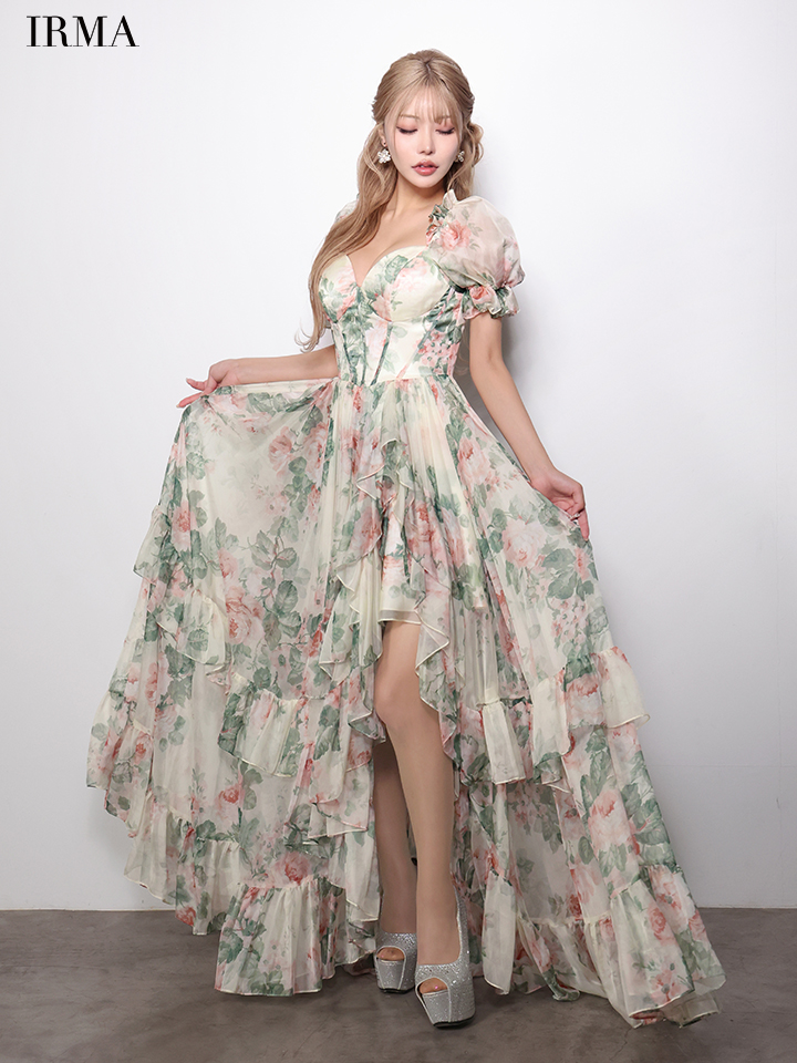 IRMA イルマ BotanicalFlower/花柄/パフスリーブ/アシンメトリースリット/シフォン/姫/ロングドレス ir61059