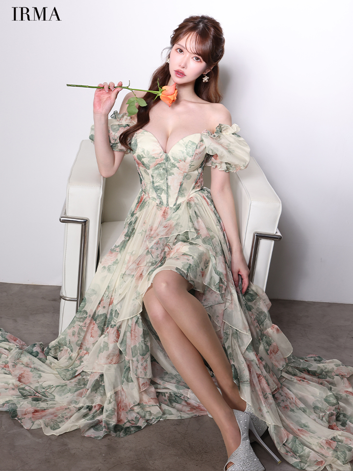 IRMA イルマ BotanicalFlower/花柄/パフスリーブ/アシンメトリースリット/シフォン/姫/ロングドレス ir61059