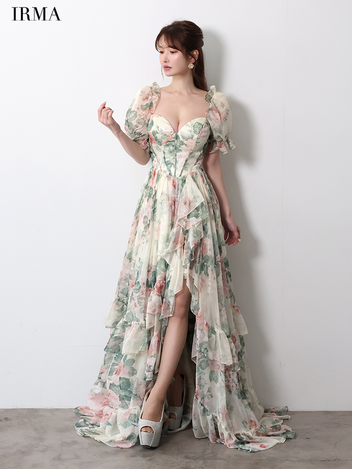 IRMA イルマ BotanicalFlower/花柄/パフスリーブ/アシンメトリースリット/シフォン/姫/ロングドレス ir61059