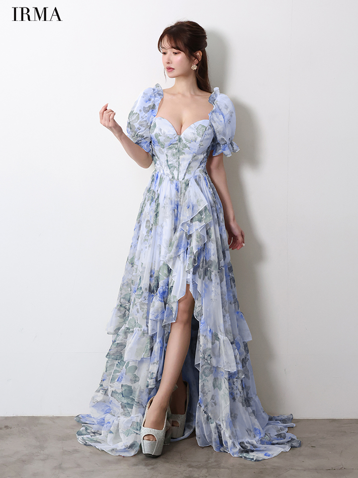IRMA イルマ BotanicalFlower/花柄/パフスリーブ/アシンメトリースリット/シフォン/姫/ロングドレス ir61059