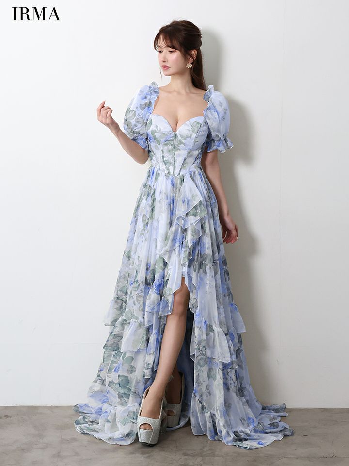 IRMA イルマ BotanicalFlower/花柄/パフスリーブ/アシンメトリースリット/シフォン/姫/ロングドレス ir61059