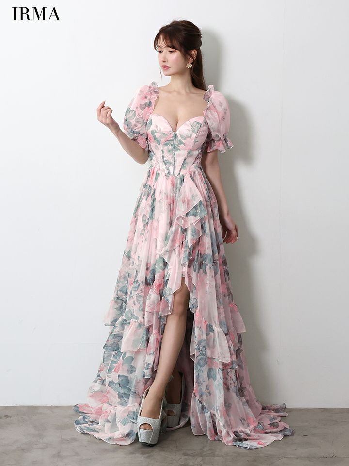 IRMA イルマ BotanicalFlower/花柄/パフスリーブ/アシンメトリースリット/シフォン/姫/ロングドレス ir61059