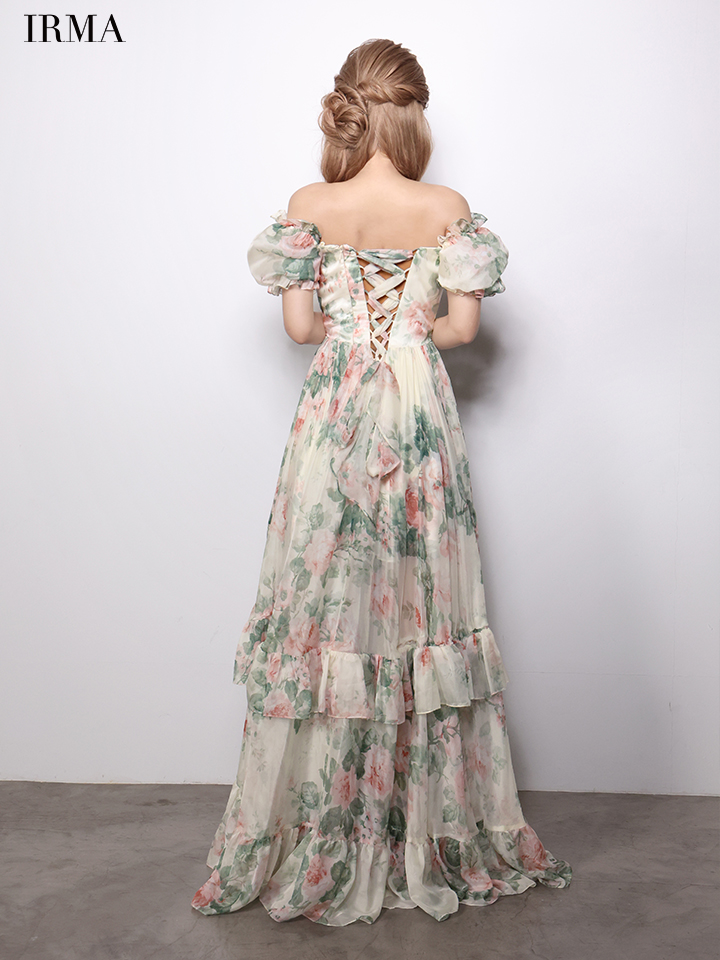 IRMA イルマ BotanicalFlower/花柄/パフスリーブ/アシンメトリースリット/シフォン/姫/ロングドレス ir61059