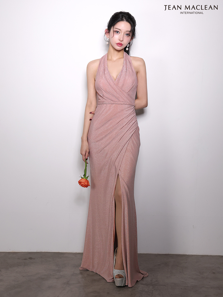 JEAN MACLEAN ジャンマクレーン ラメニット/ドレープ/Vネック/スリット入り/ロングドレス  ja61062