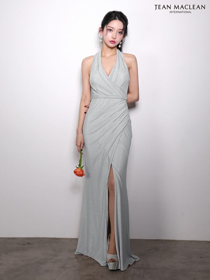 JEAN MACLEAN ジャンマクレーン ラメニット/ドレープ/Vネック/スリット入り/ロングドレス  ja61062