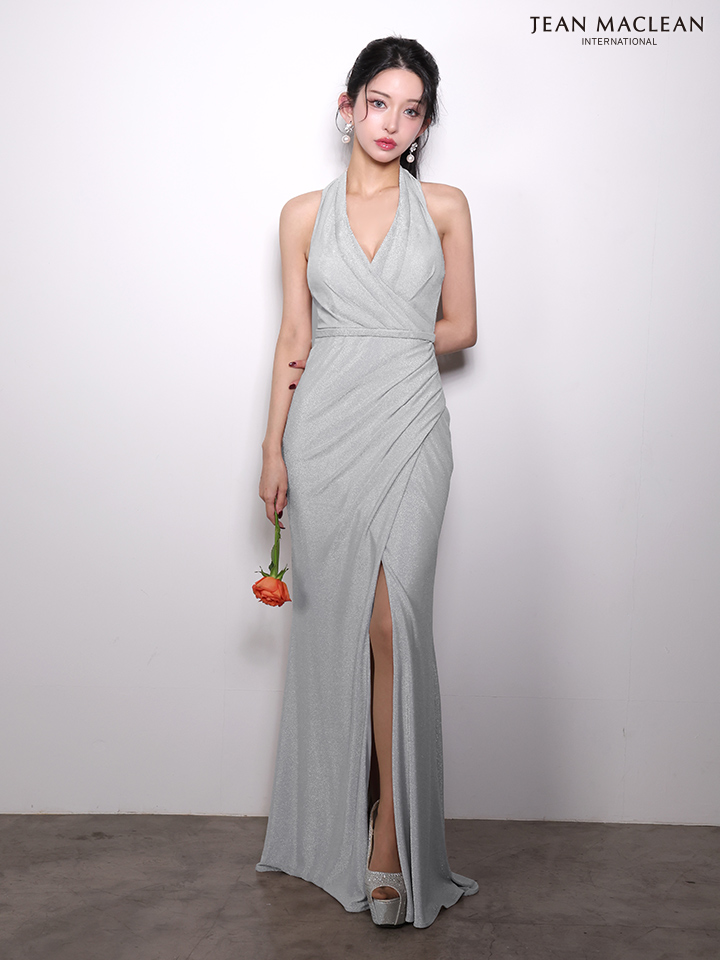 JEAN MACLEAN ジャンマクレーン ラメニット/ドレープ/Vネック/スリット入り/ロングドレス  ja61062