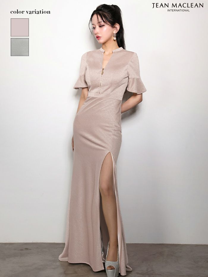 JEAN MACLEAN ジャンマクレーン ワンカラー/チューリップスリーブ/フロントジップ/スリット入り/ロングドレス ja61063
