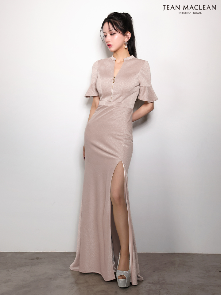 JEAN MACLEAN ジャンマクレーン ワンカラー/チューリップスリーブ/フロントジップ/スリット入り/ロングドレス ja61063