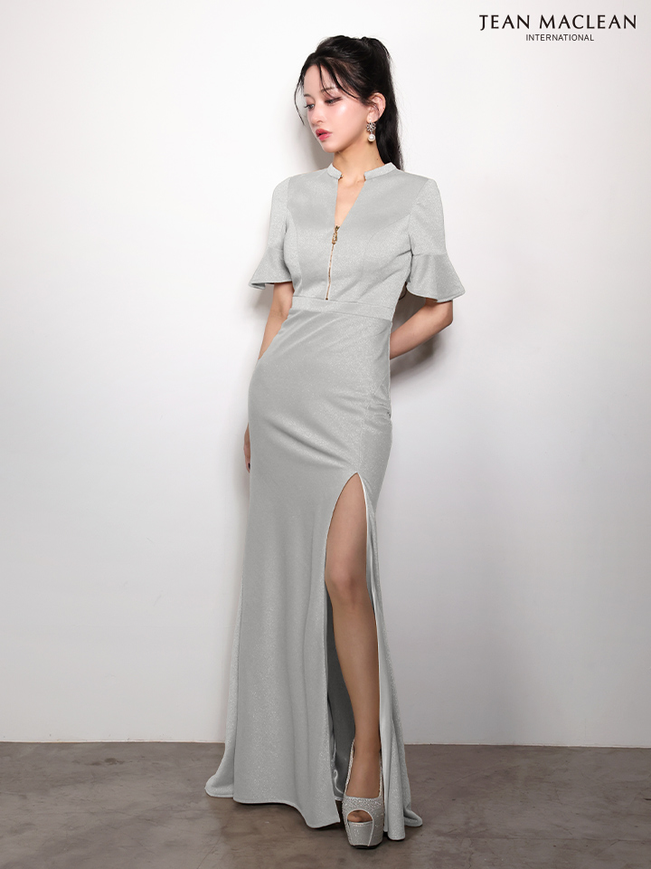 JEAN MACLEAN ジャンマクレーン ワンカラー/チューリップスリーブ/フロントジップ/スリット入り/ロングドレス ja61063