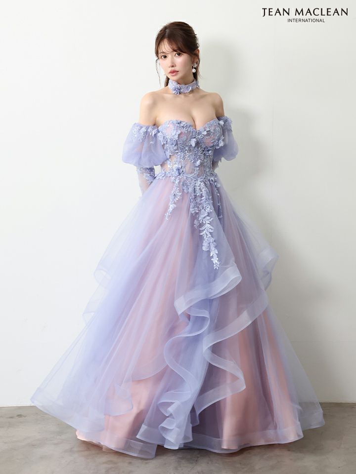 JEAN MACLEAN ジャンマクレーン グラデーション/立体フラワーモチーフ/チョーカー付き/オフショル/姫/ロングドレス【袖取り外し可能】 ja61066