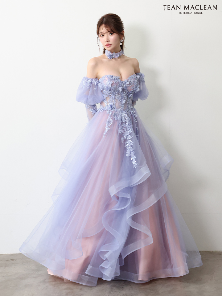 JEAN MACLEAN ジャンマクレーン グラデーション/立体フラワーモチーフ/チョーカー付き/オフショル/姫/ロングドレス【袖取り外し可能】 ja61066