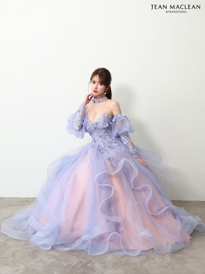 JEAN MACLEAN ジャンマクレーン グラデーション/立体フラワーモチーフ/チョーカー付き/オフショル/姫/ロングドレス【袖取り外し可能】 ja61066