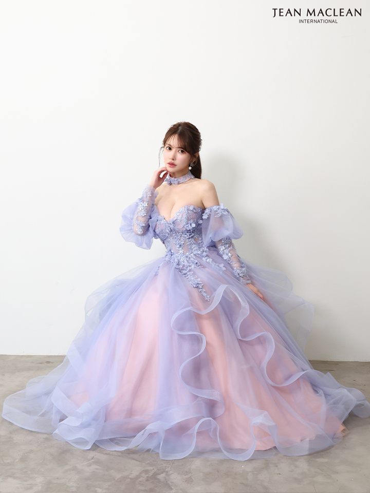 JEAN MACLEAN ジャンマクレーン グラデーション/立体フラワーモチーフ/チョーカー付き/オフショル/姫/ロングドレス【袖取り外し可能】 ja61066