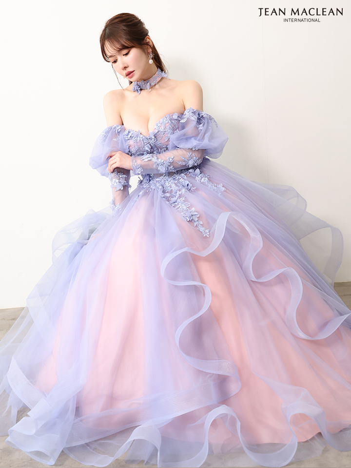 JEAN MACLEAN ジャンマクレーン グラデーション/立体フラワーモチーフ/チョーカー付き/オフショル/姫/ロングドレス【袖取り外し可能】 ja61066