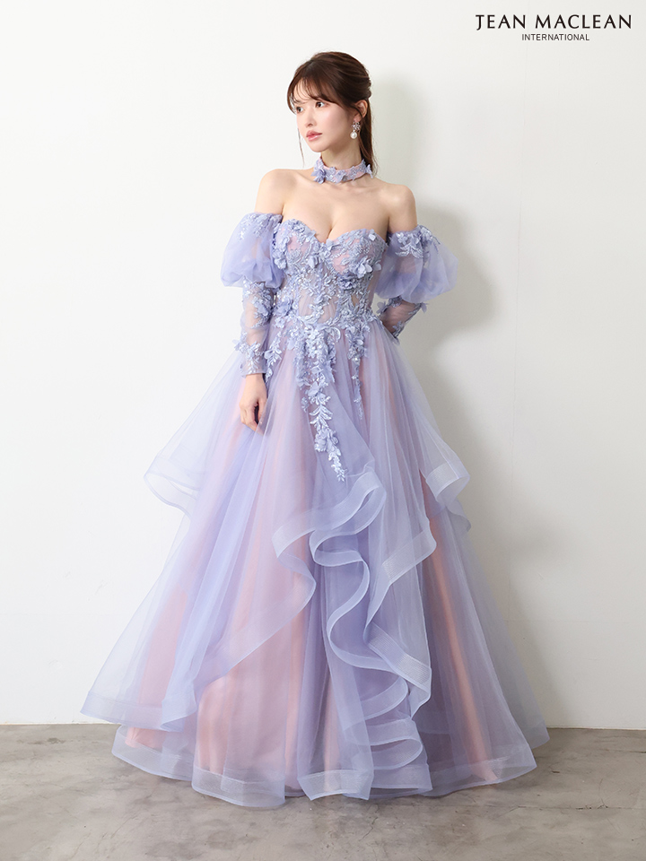 JEAN MACLEAN ジャンマクレーン グラデーション/立体フラワーモチーフ/チョーカー付き/オフショル/姫/ロングドレス【袖取り外し可能】 ja61066