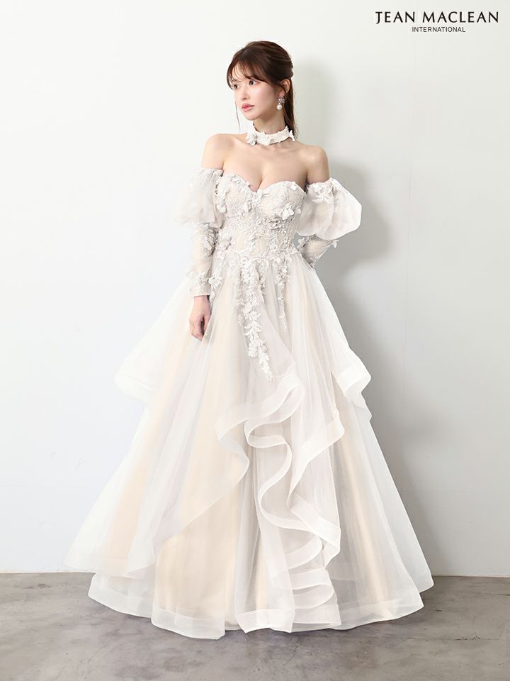 JEAN MACLEAN ジャンマクレーン グラデーション/立体フラワーモチーフ/チョーカー付き/オフショル/姫/ロングドレス【袖取り外し可能】 ja61066