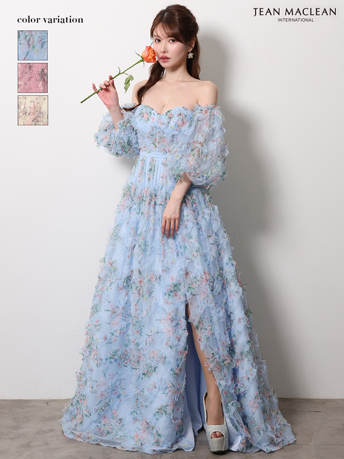 JEAN MACLEAN ジャンマクレーン AntiqueFlower/小花柄/パフスリーブ/オフショル/スリット入り/姫/ロングドレス ja61068