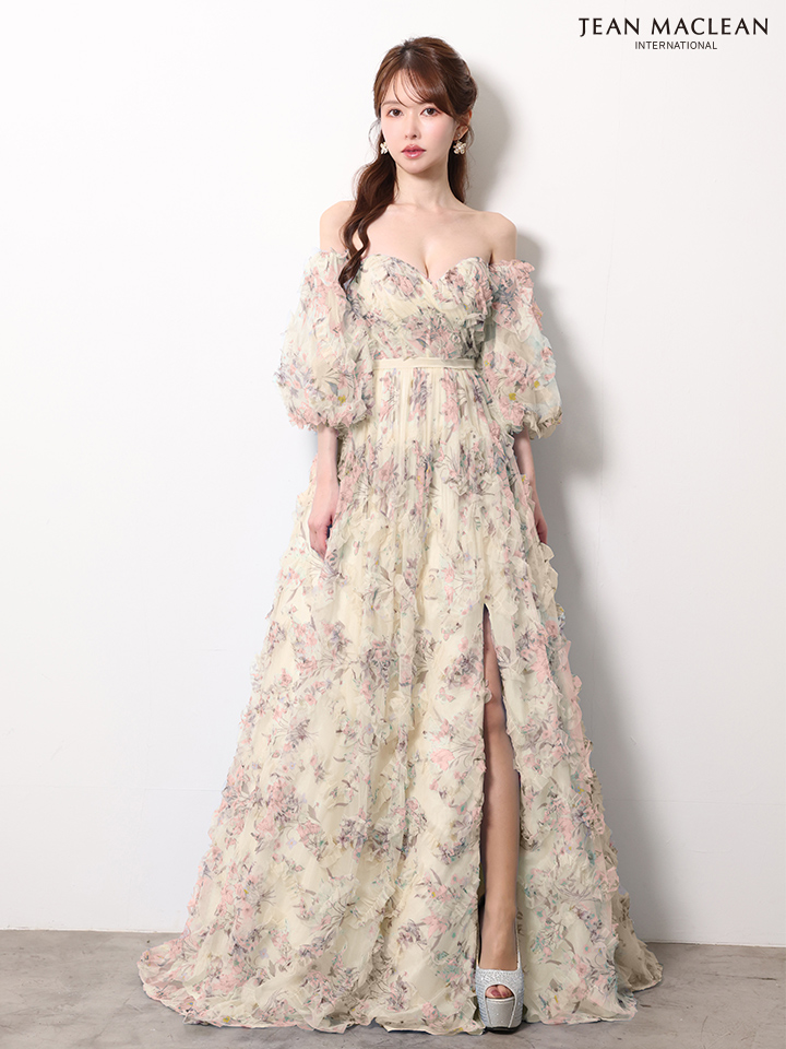 JEAN MACLEAN ジャンマクレーン AntiqueFlower/小花柄/パフスリーブ/オフショル/スリット入り/姫/ロングドレス ja61068