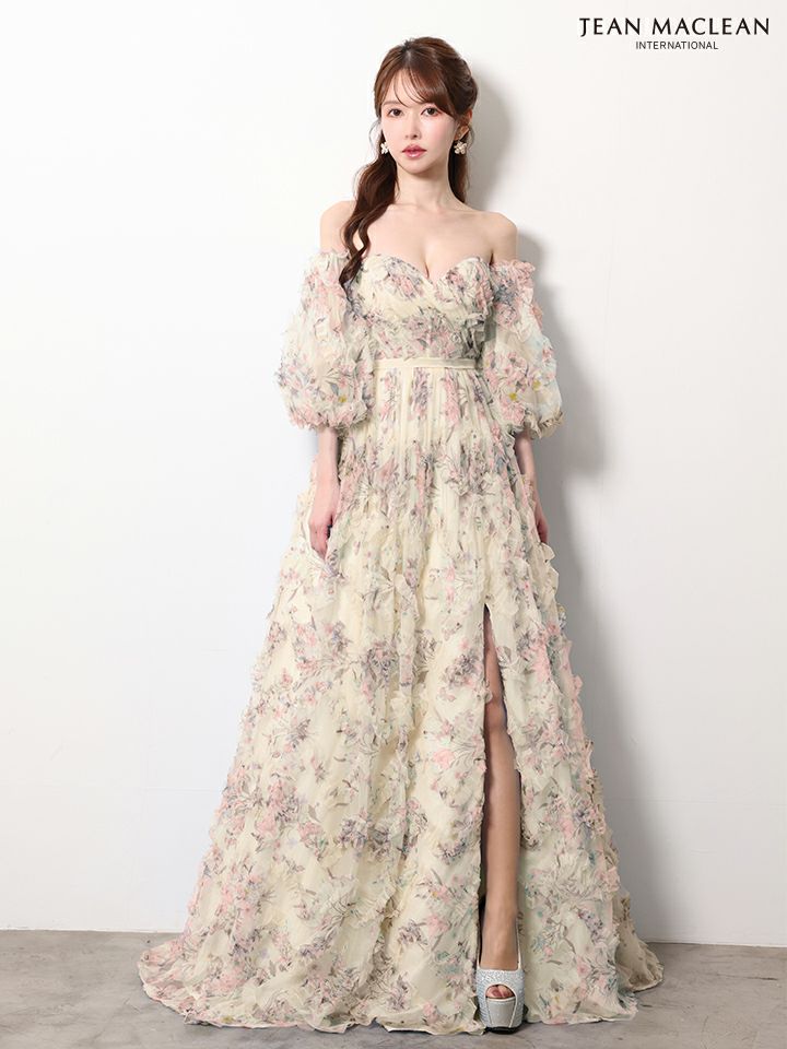 JEAN MACLEAN ジャンマクレーン AntiqueFlower/小花柄/パフスリーブ/オフショル/スリット入り/姫/ロングドレス ja61068