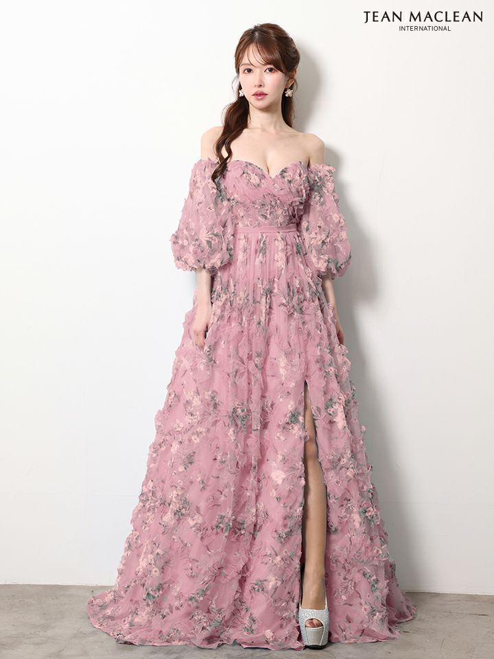JEAN MACLEAN ジャンマクレーン AntiqueFlower/小花柄/パフスリーブ/オフショル/スリット入り/姫/ロングドレス ja61068