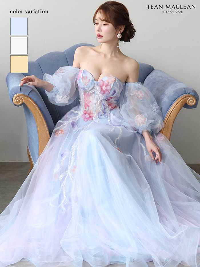 JEAN MACLEAN ジャンマクレーン WaterFlower/花柄/コントラストカラー/パフスリーブ付き/姫/ロングドレス ja61065
