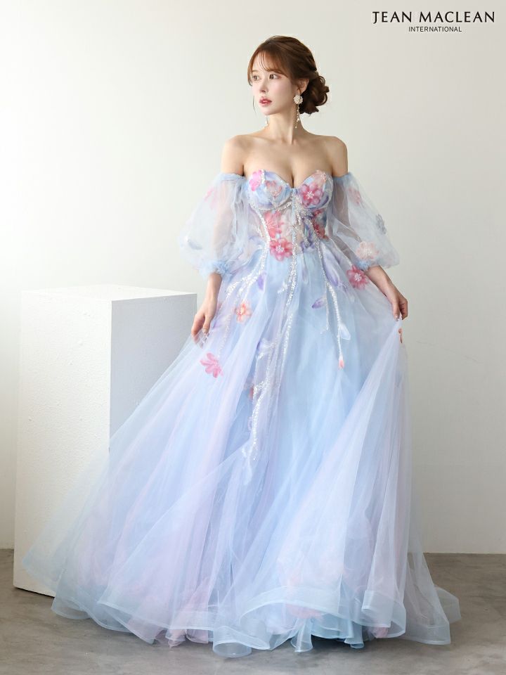 JEAN MACLEAN ジャンマクレーン WaterFlower/花柄/コントラストカラー/パフスリーブ付き/姫/ロングドレス ja61065