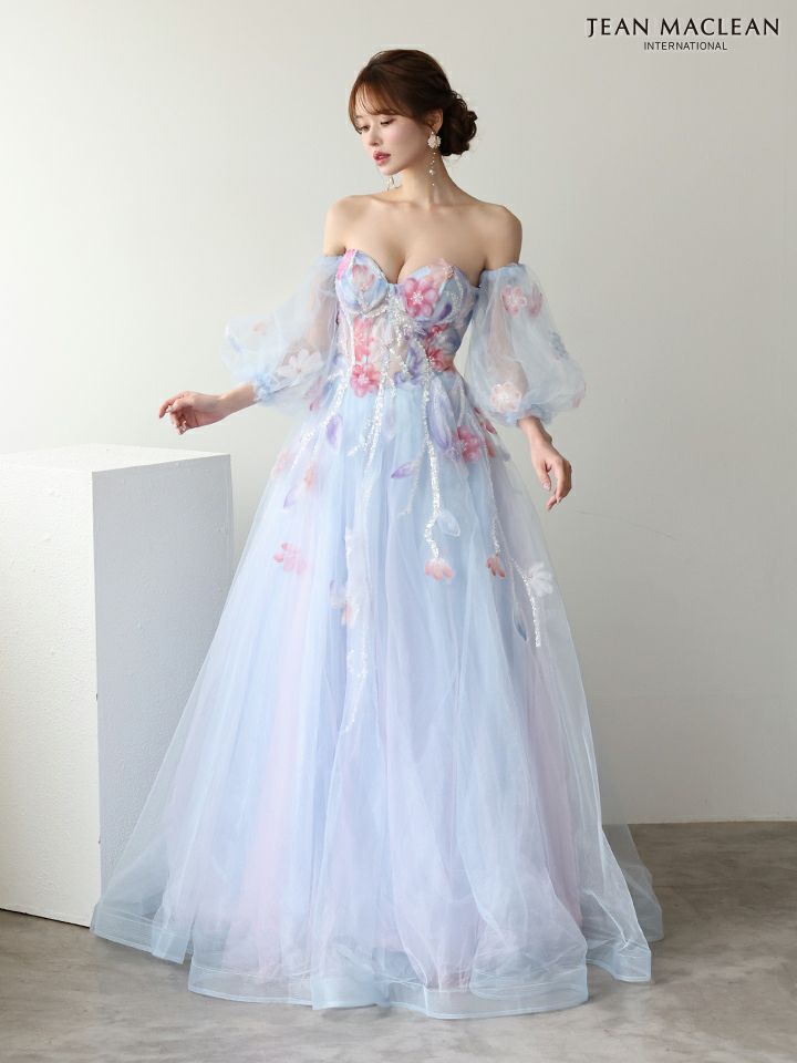 JEAN MACLEAN ジャンマクレーン WaterFlower/花柄/コントラストカラー/パフスリーブ付き/姫/ロングドレス ja61065
