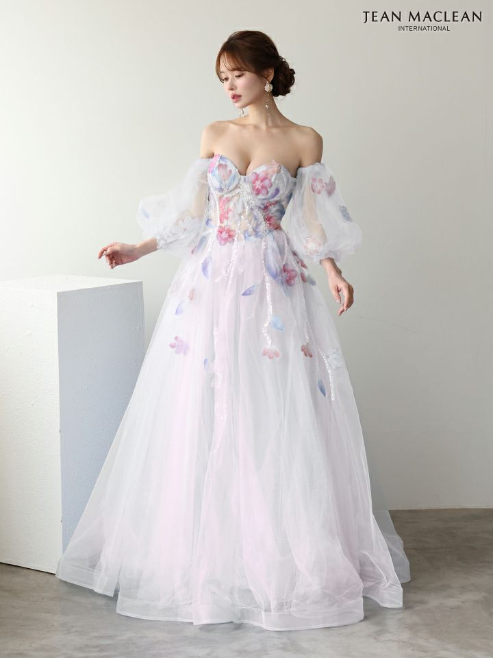 JEAN MACLEAN ジャンマクレーン WaterFlower/花柄/コントラストカラー/パフスリーブ付き/姫/ロングドレス ja61065