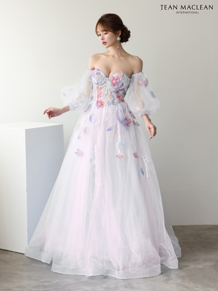 JEAN MACLEAN ジャンマクレーン WaterFlower/花柄/コントラストカラー/パフスリーブ付き/姫/ロングドレス ja61065