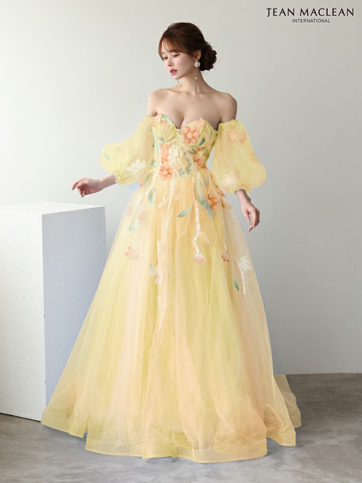 JEAN MACLEAN ジャンマクレーン WaterFlower/花柄/コントラストカラー/パフスリーブ付き/姫/ロングドレス ja61065