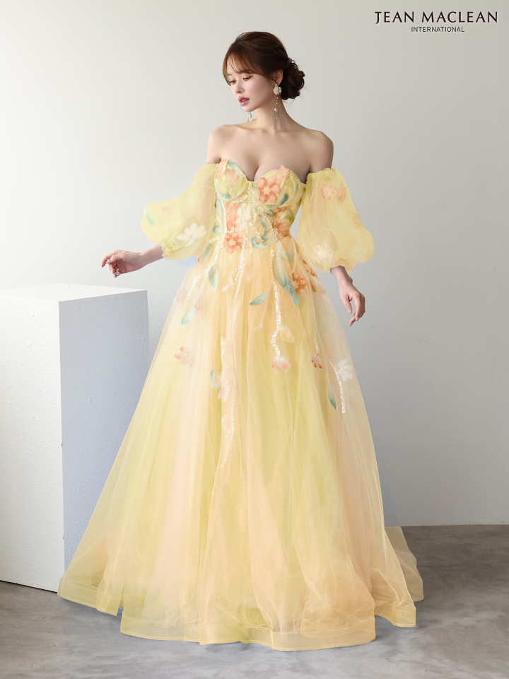 JEAN MACLEAN ジャンマクレーン WaterFlower/花柄/コントラストカラー/パフスリーブ付き/姫/ロングドレス ja61065