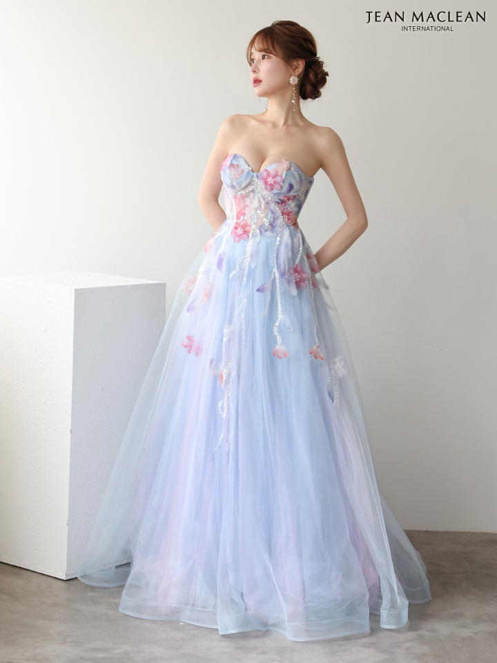 JEAN MACLEAN ジャンマクレーン WaterFlower/花柄/コントラストカラー/パフスリーブ付き/姫/ロングドレス ja61065