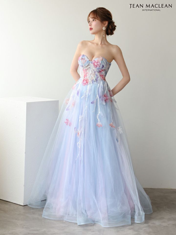 JEAN MACLEAN ジャンマクレーン WaterFlower/花柄/コントラストカラー/パフスリーブ付き/姫/ロングドレス ja61065
