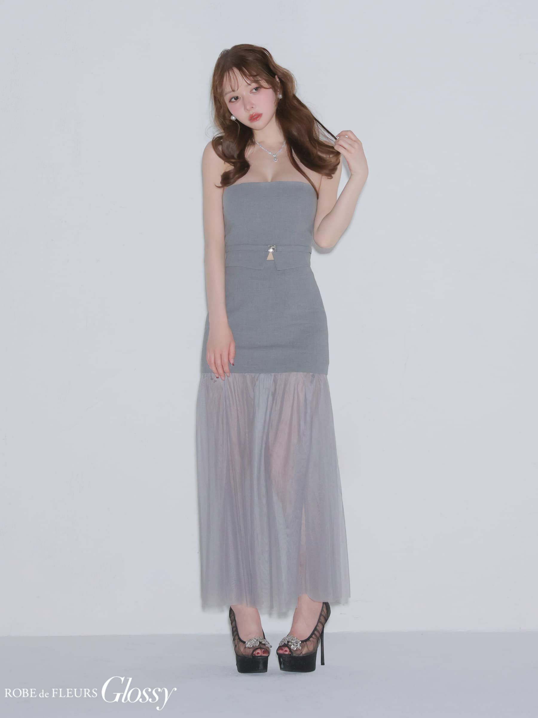 Glossy ローブドフルールグロッシー 【XSサイズあり】シアーチュールドッキングセットアップロングキャバドレス gl3489-c