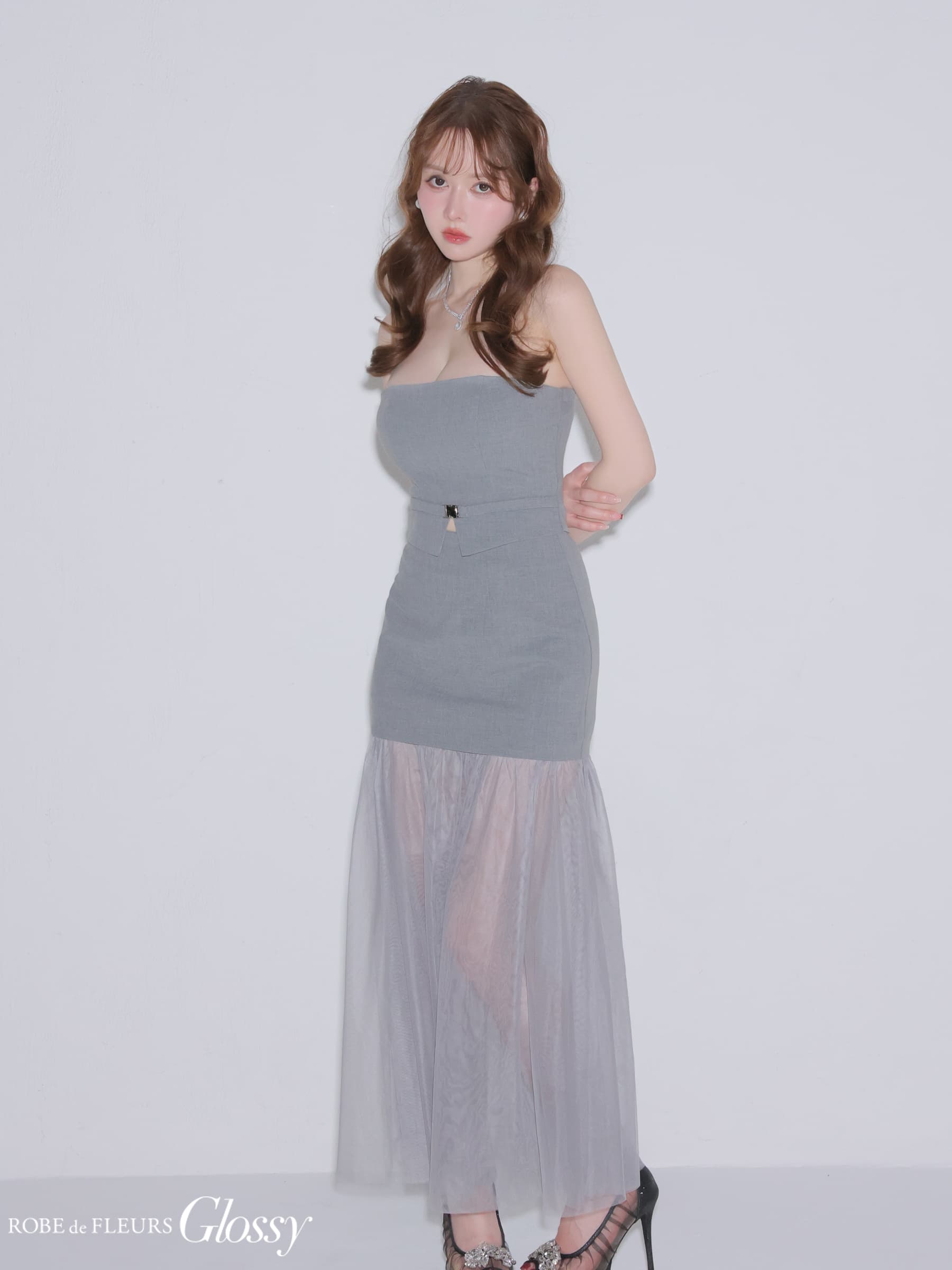 Glossy ローブドフルールグロッシー 【XSサイズあり】シアーチュールドッキングセットアップロングキャバドレス gl3489-c