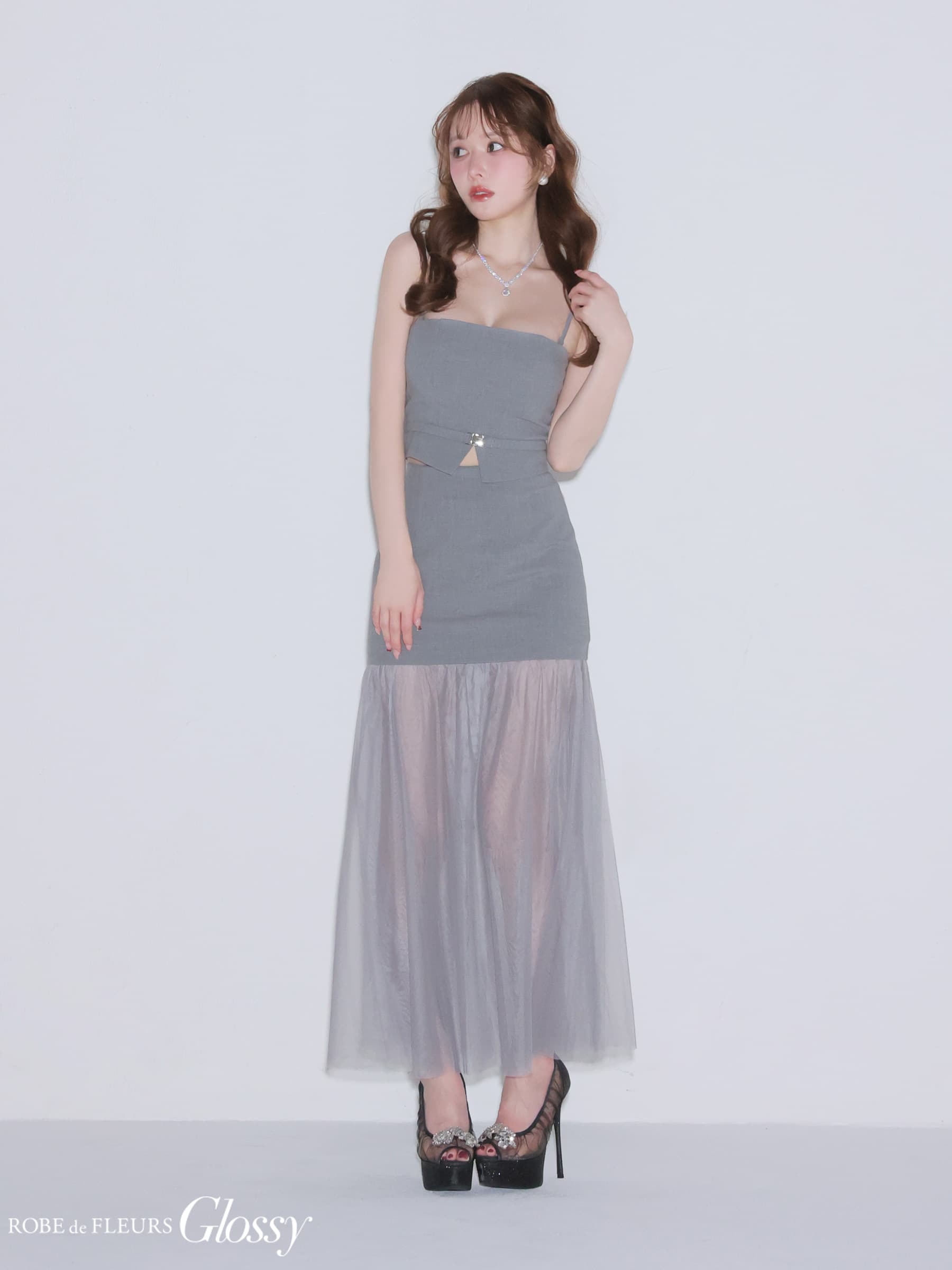 Glossy ローブドフルールグロッシー 【XSサイズあり】シアーチュールドッキングセットアップロングキャバドレス gl3489-c