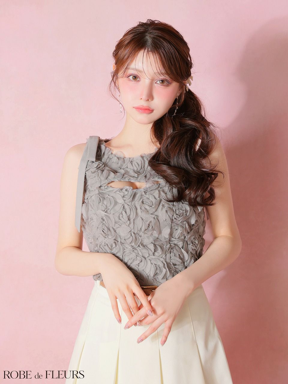 ROBE de FLEURS ローブドフルール 【XSサイズあり】 フラワーレースリボンセットアップミニキャバドレス fm4340