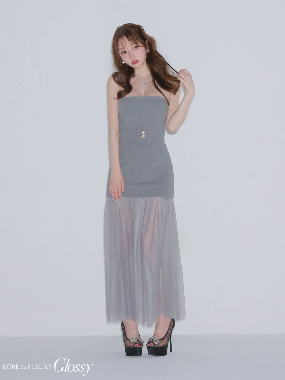 Glossy ローブドフルールグロッシー 【XSサイズあり】シアーチュールドッキングセットアップロングキャバドレス gl3489