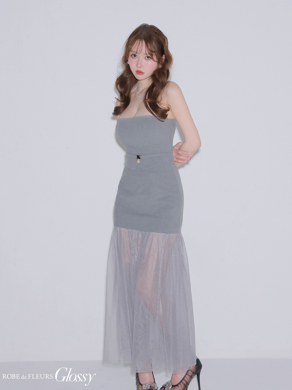Glossy ローブドフルールグロッシー 【XSサイズあり】シアーチュールドッキングセットアップロングキャバドレス gl3489