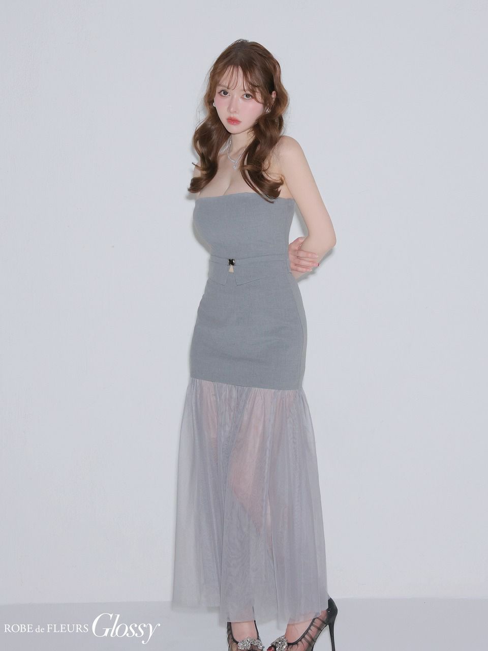 Glossy ローブドフルールグロッシー 【XSサイズあり】シアーチュールドッキングセットアップロングキャバドレス gl3489