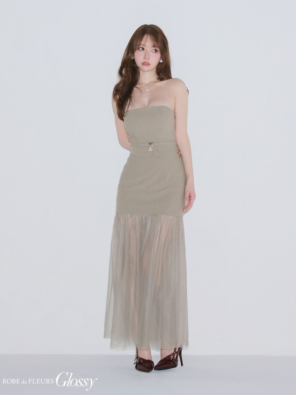 Glossy ローブドフルールグロッシー 【XSサイズあり】シアーチュールドッキングセットアップロングキャバドレス gl3489