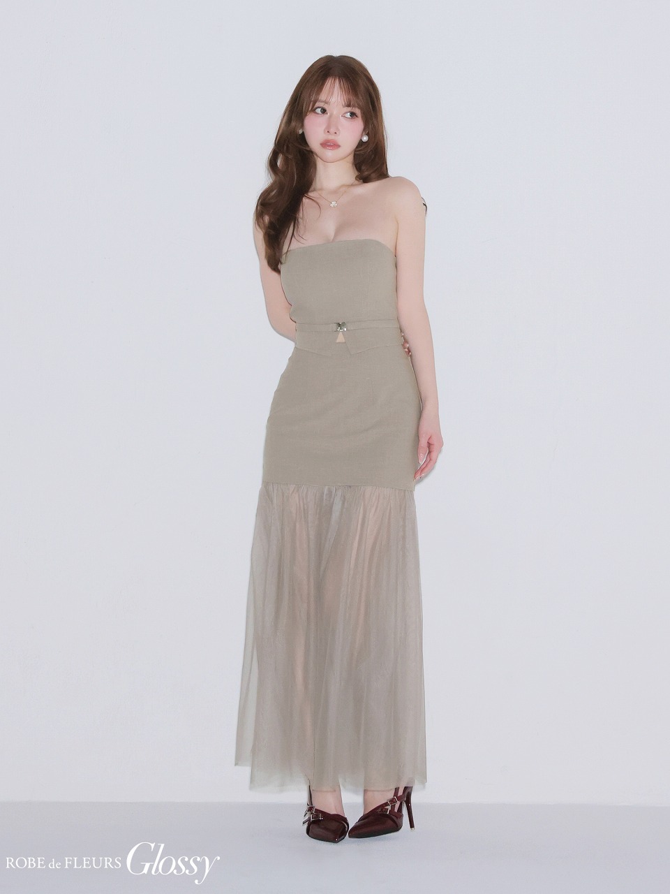 Glossy ローブドフルールグロッシー 【XSサイズあり】シアーチュールドッキングセットアップロングキャバドレス gl3489