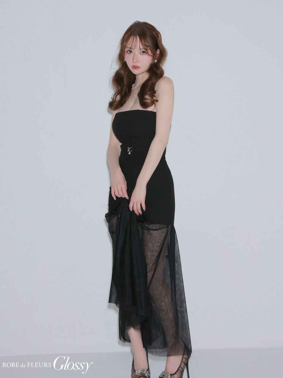 Glossy ローブドフルールグロッシー 【XSサイズあり】シアーチュールドッキングセットアップロングキャバドレス gl3489