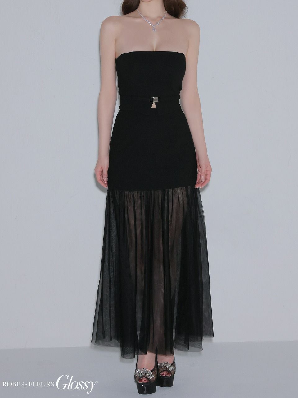 Glossy ローブドフルールグロッシー 【XSサイズあり】シアーチュールドッキングセットアップロングキャバドレス gl3489